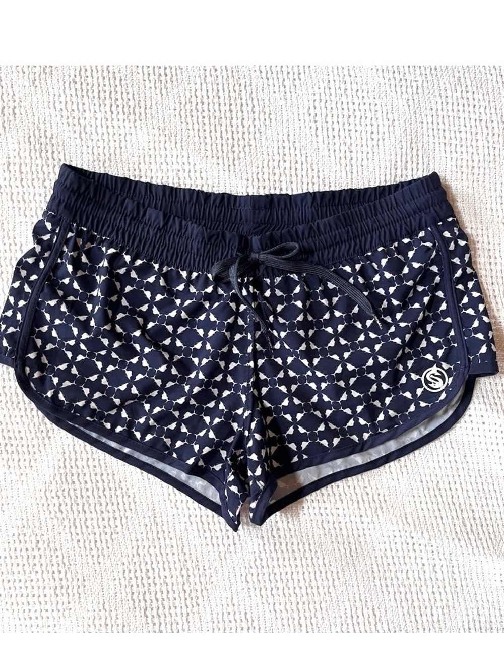 Scales Surf & Slay Women’s Board Shorts- Navy Geometric Drawstring Hybrid Sz S